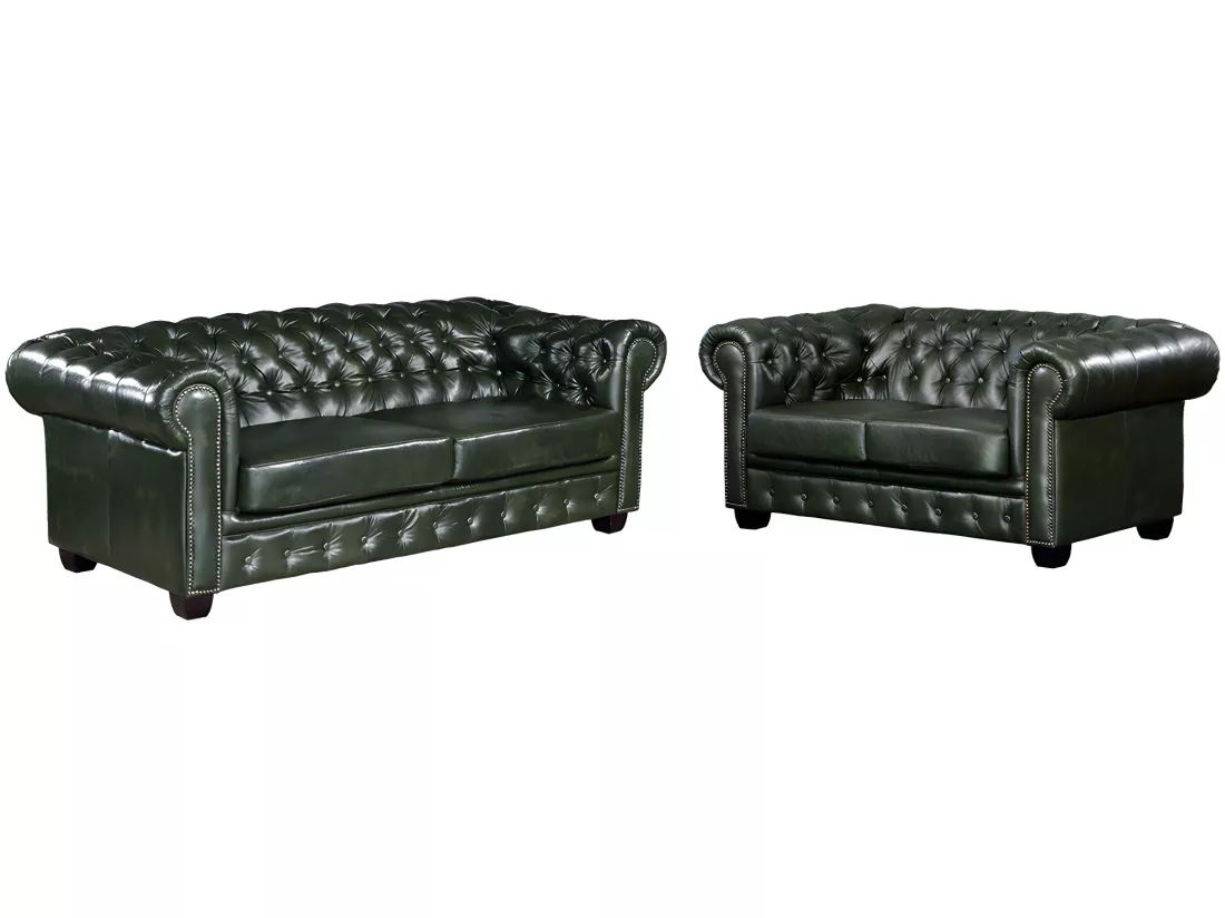 Canapés chesterfield 3 places et 2 places BRENTON 100% cuir de buffle - Vert empire