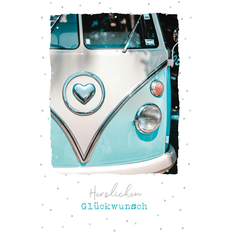 ABC Geburtstagskarte, 12.5 x 17.6 cm, VW Bus mit Herz