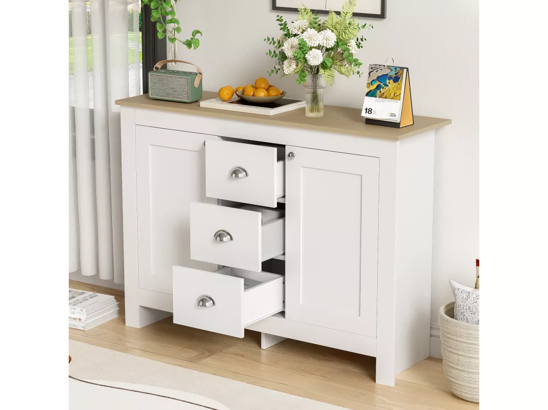 Buffet en bois blanc chaud avec 2 portes et 3 tiroirs,d116cm×h81cm