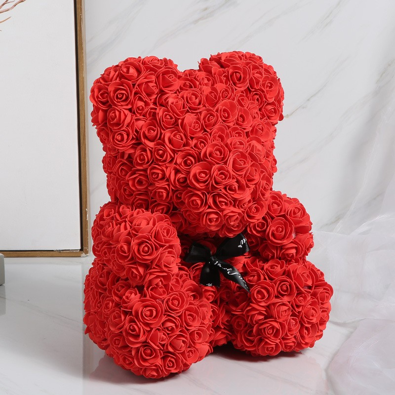 (15x24cm) Romantischer Rosen Bär Künstliche Blumen Deko Teddybär Geschenkidee für Valentinstag / Hochzeit / Geburtstag - Rot