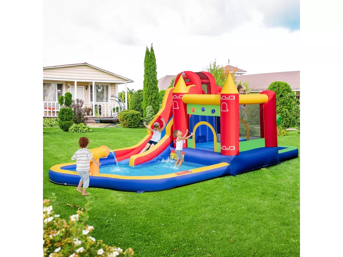 Château Gonflable avec Toboggans Aquatiques, Aire de Jeux Gonflable Piscine avec Motif de Boisgouin, Canon à Eau, Panier de Basket-Ball 3 à 10 Ans Vert Sans Souffleur 680W