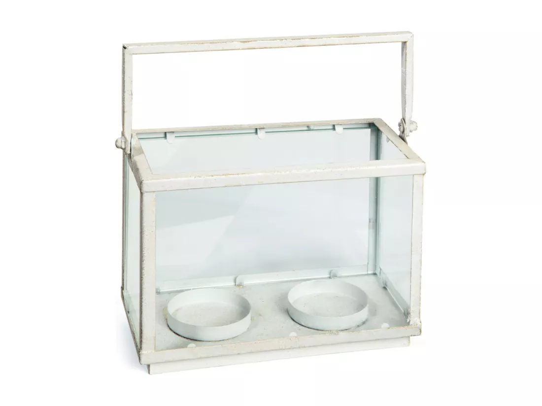 ~Photophore bougie bougeoir Noël rectangle métal verre blanc 23.5cm
