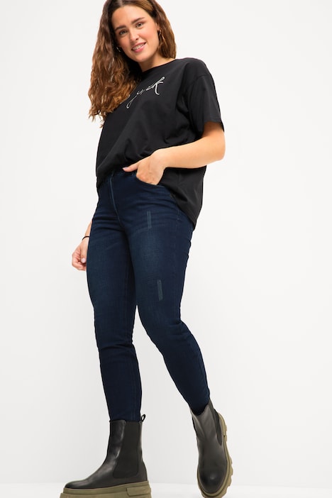 Skinny Jeans, cutted Saum, 5-Pocket, Elastikbund, Zipp-Fly