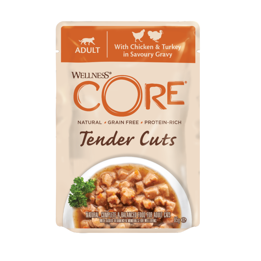 Sachê de 85g de pedaços macios de frango e peru ao molho Wellness Core para gatos.