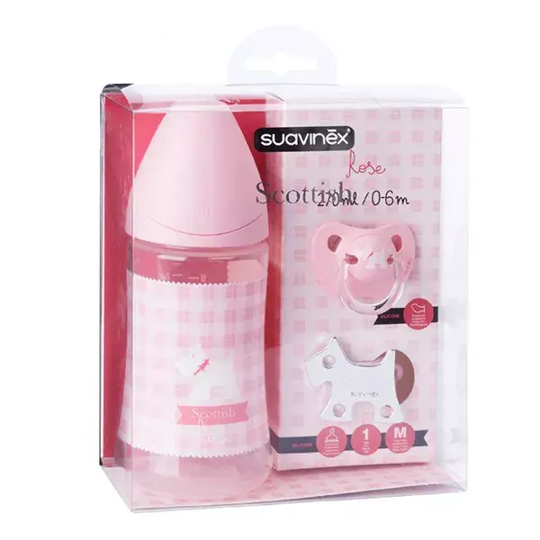 Conjunto de mamadeira de silicone Suavinex 0-6 meses + chupeta + prendedor de chupeta Rosa Escocesa