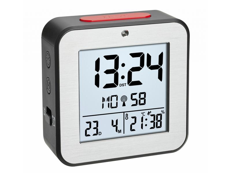 TFA Dostmann Digitalwecker mit Innentemperatur Schwarz/Silb Digitaler Funk-Wecker