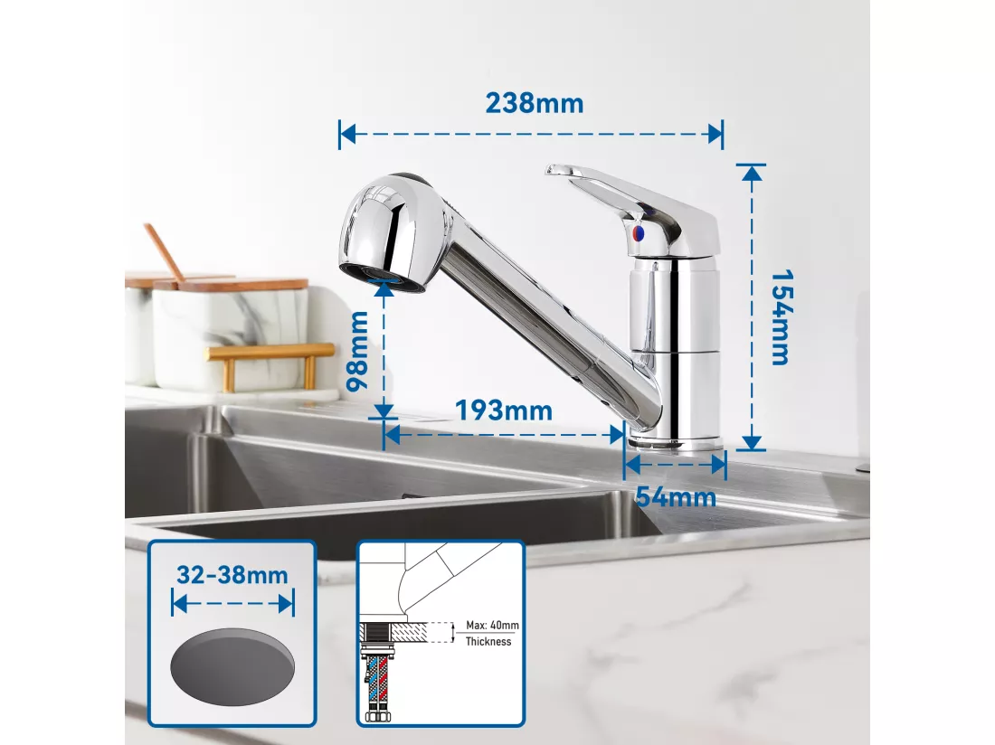 2pcs Mitigeur de Cuisine ,Chromé Extractible,Robinet Cuisine avec Douchette,Mitigeur Evier Bec Bas,Robinet Évier Rotatif 360°,Eau Froide/Chaude