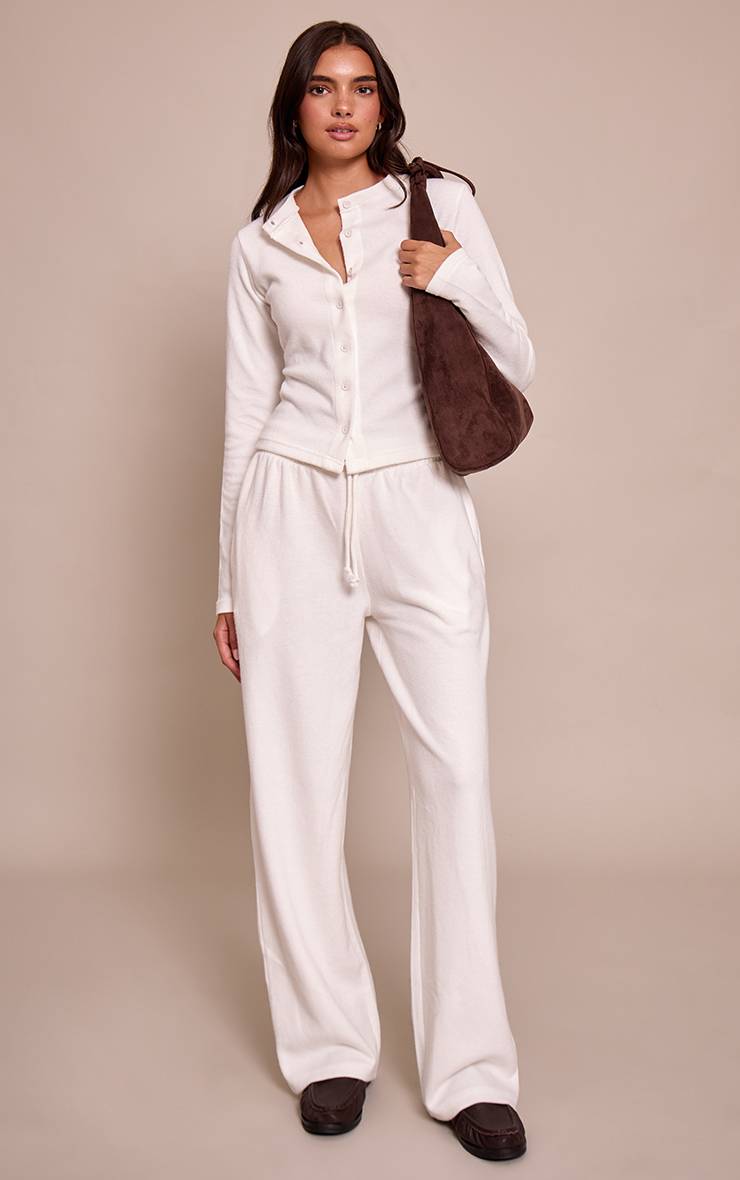 Crème Ensemble Coordonné Haut Boutonné Toucher Doux