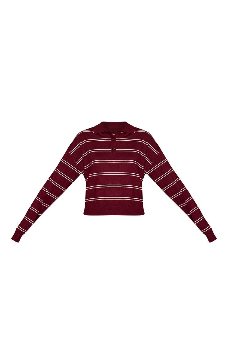 Rouge Bordeaux Synthétiquell Polo Rayé En Maille À Manches Longues