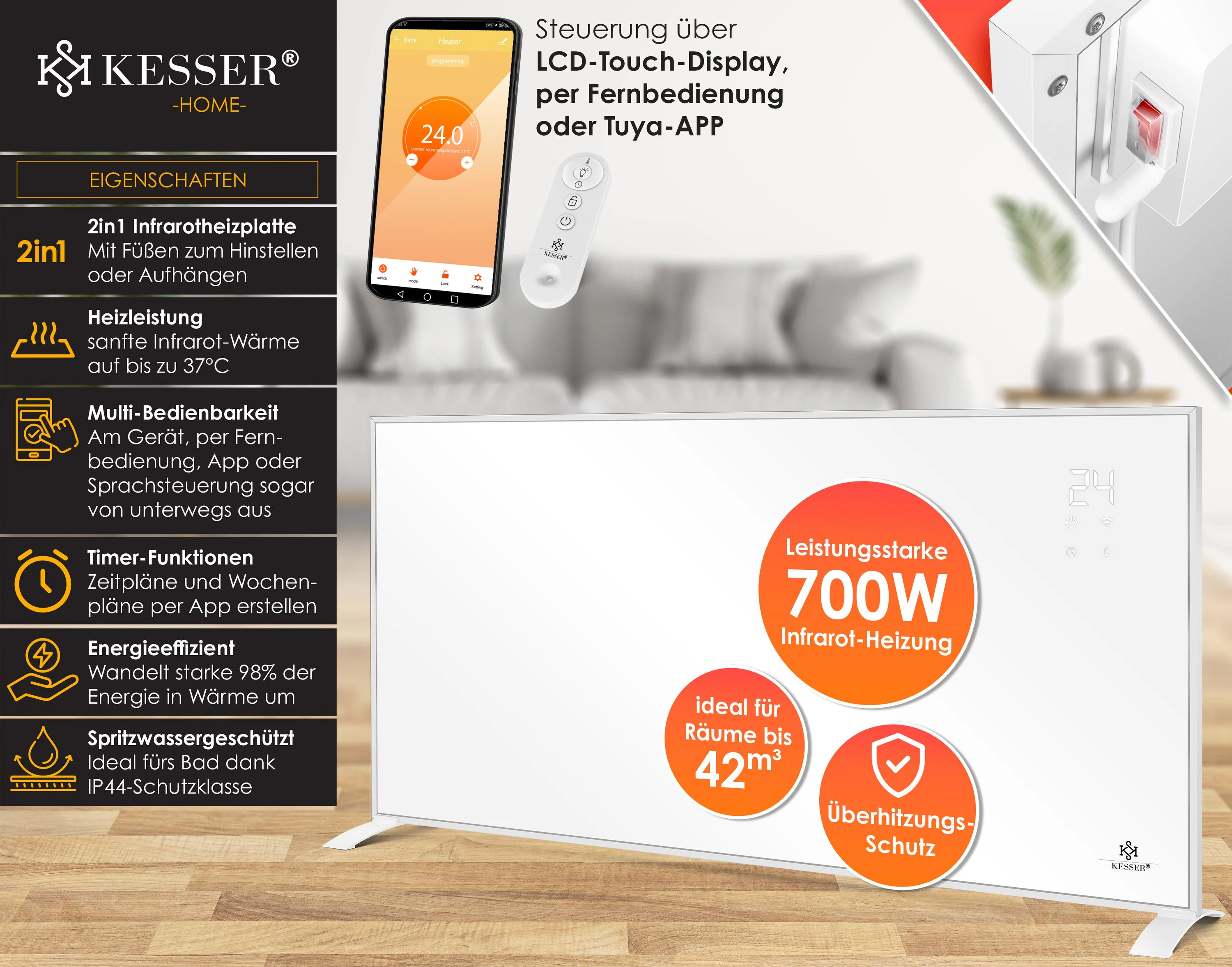 KESSER® Infrarotheizung Energiesparend Infrarot Standgerät & Wandmontage Elektroheizung mit Fernbedienung Thermostat & App-Steuerung Elektrisch Heizpaneel Heizung Konvektor Standfüße