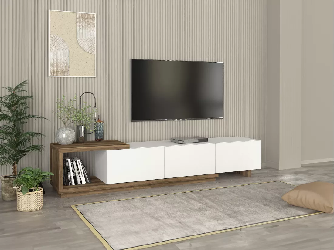Meuble TV avec 3 tiroirs et 1 niche - Blanc et naturel - DUKIAN