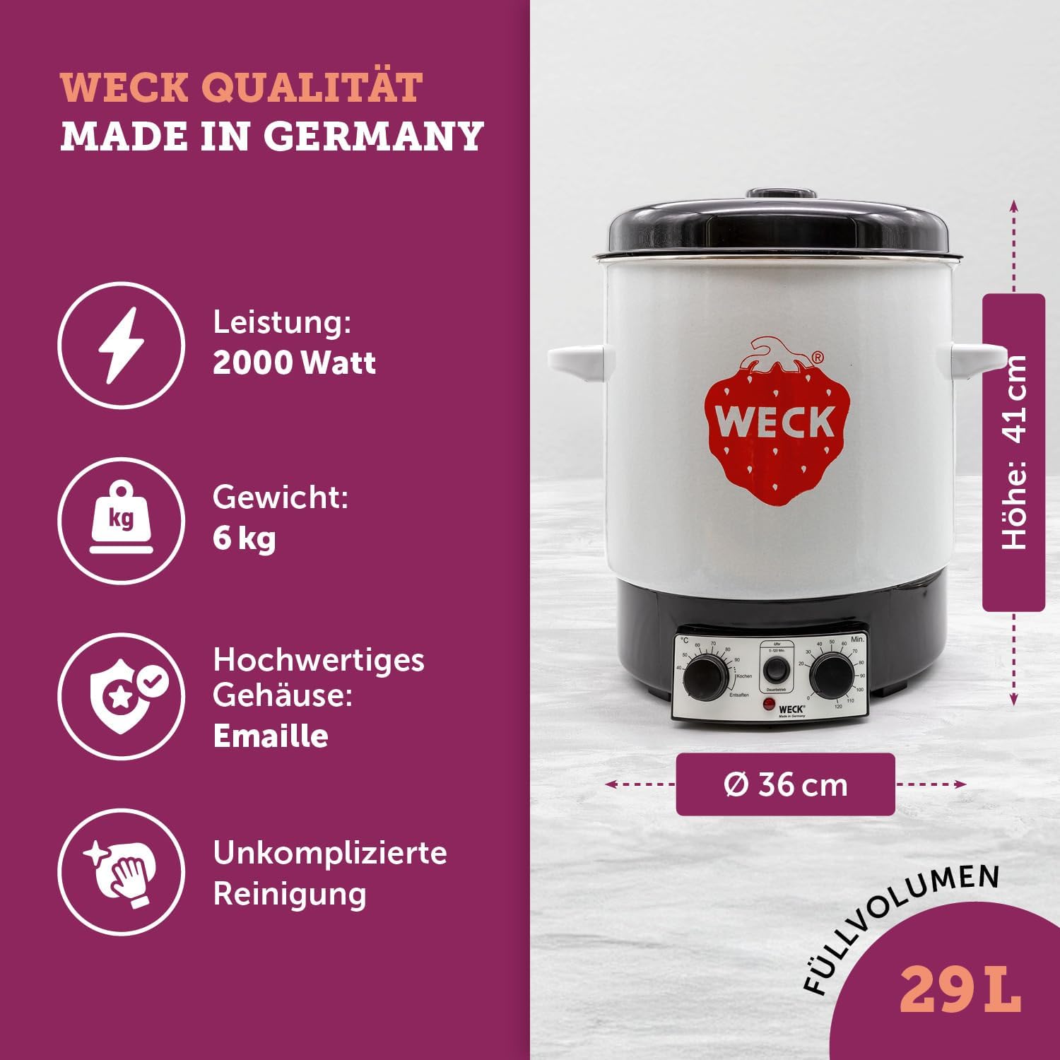 Weck Einkochautomat WAT15 Emaille mit Zeitschaltuhr & Präzisionsthermostat – 29L Einkochtopf, Glühweinkocher, Dampfentsafter, Einweckautomat – Edelstahl, Made in Germany, hochwertig & vielseitig