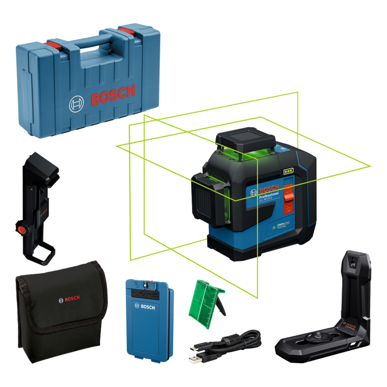 Bosch GLL 80-33 G Kruislijnlaser in L-Boxx - Groen - 30m - 3x 360° - IP65