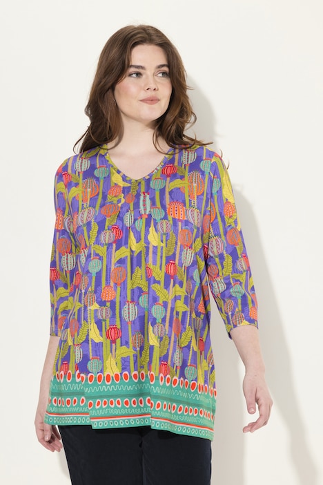 Longshirt, A-Linie, Zierfalten, V-Ausschnitt, 3/4-Arm