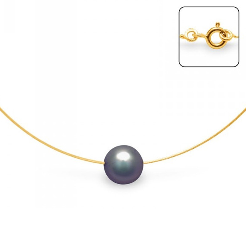 Collier Ras du cou Femme Cable en Or Jaune 750/1000 et Perle de Culture Noire