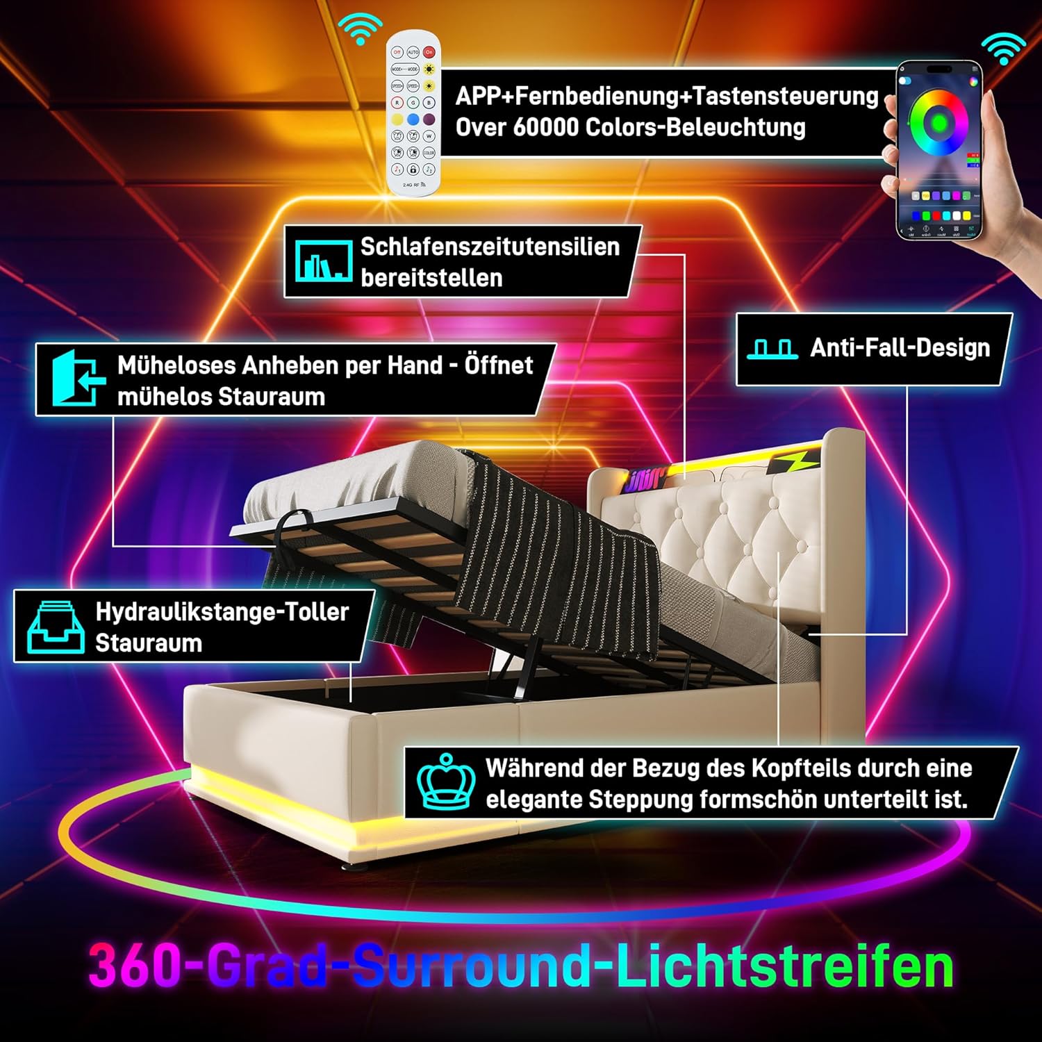 Polsterbett Doppelbett 180x200, LED Jugendbett Hydraulisch Stauraumbett Funktionsbett Bettgestell mit Stauraum & Lattenrost, Kopfteil mit USB Typ-C Ladefunktion & Staufach, PU, Ohne Matratze, Weiß
