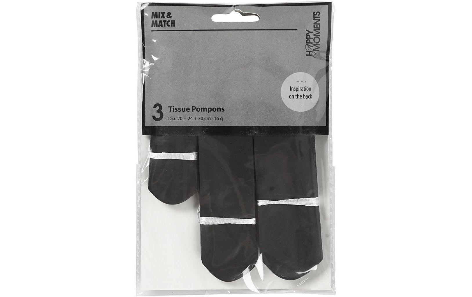 Pompons 20 + 24 + 30 cm 3 StückPapier-Pompons schwarz