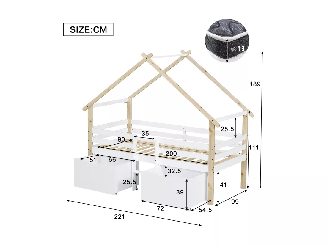 Lit mezzanine en bois 90x200cm - avec 2 tiroirs de rangement - bois massif + MDF - Blanc + Naturel
