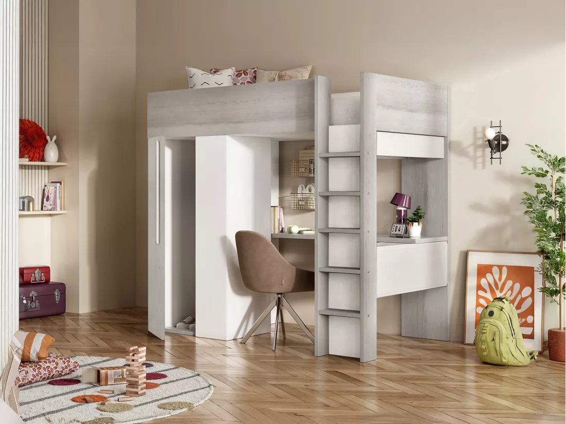 Lit mezzanine 90 x 200 cm avec armoire et bureau - Naturel grisé et blanc + Matelas - NICOLAS