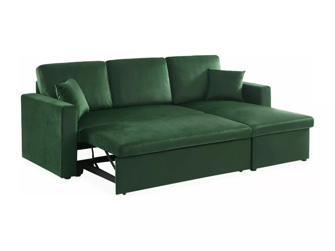 Canapé d'angle convertible en velours vert anglais 3 places. fauteuil d'angle réversible coffre rangement lit modulable