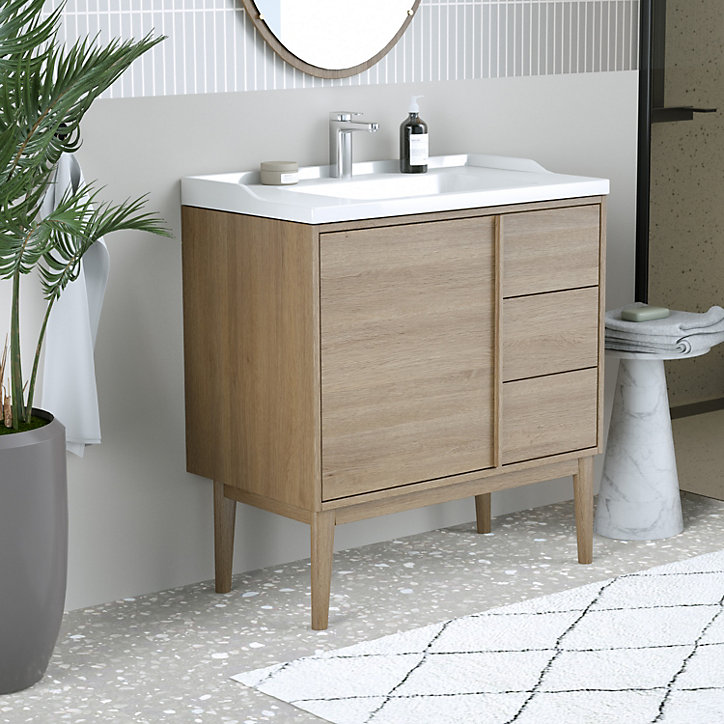 Ensemble meuble sous vasque placage bois Kabayan + plan vasque céramique blanc Lana l.80 cm