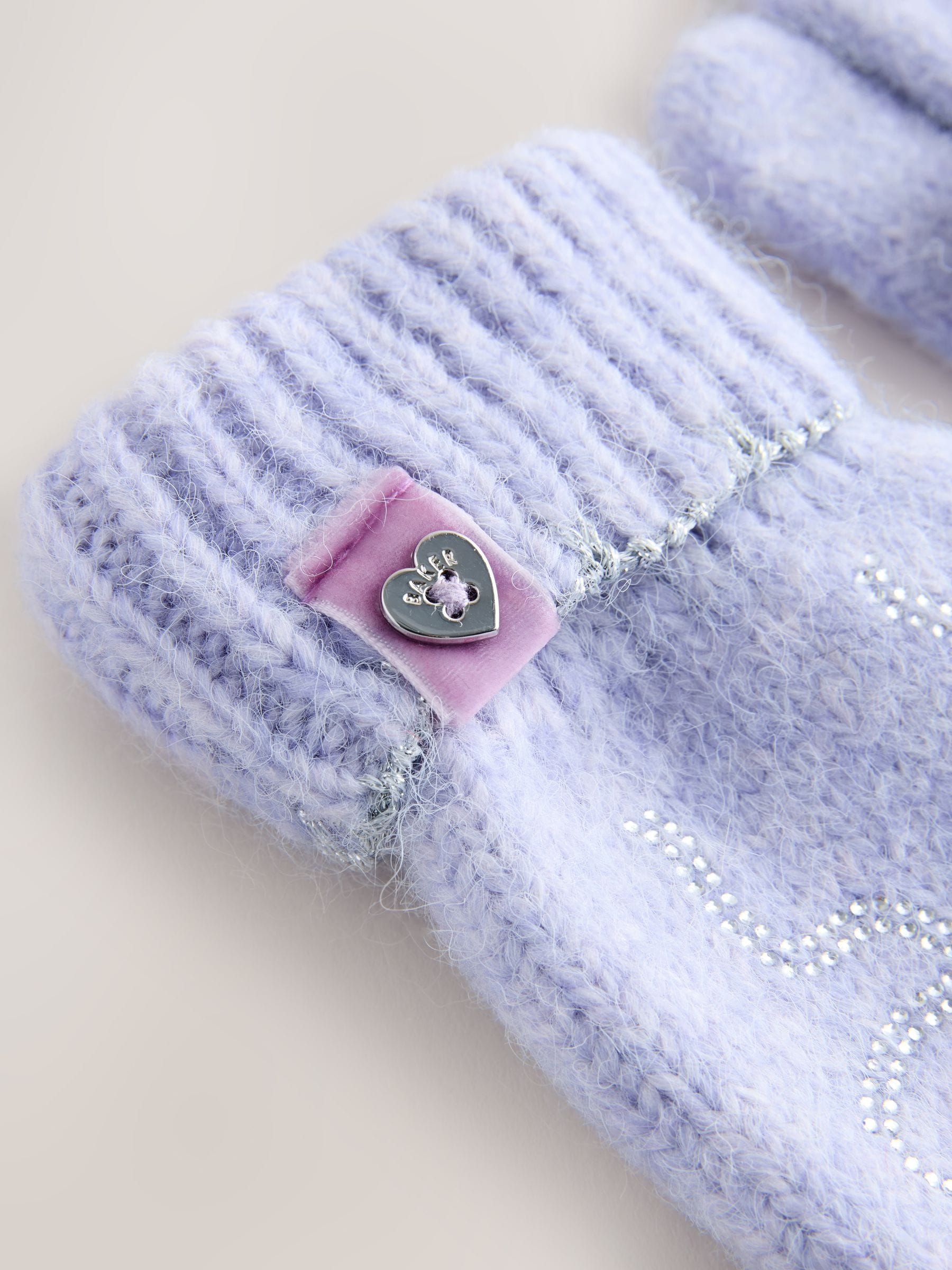 Lila-paars - Baker by Ted Baker - Set van gebreide muts met strik, pompon en handschoenen met siersteentjes voor meisjes