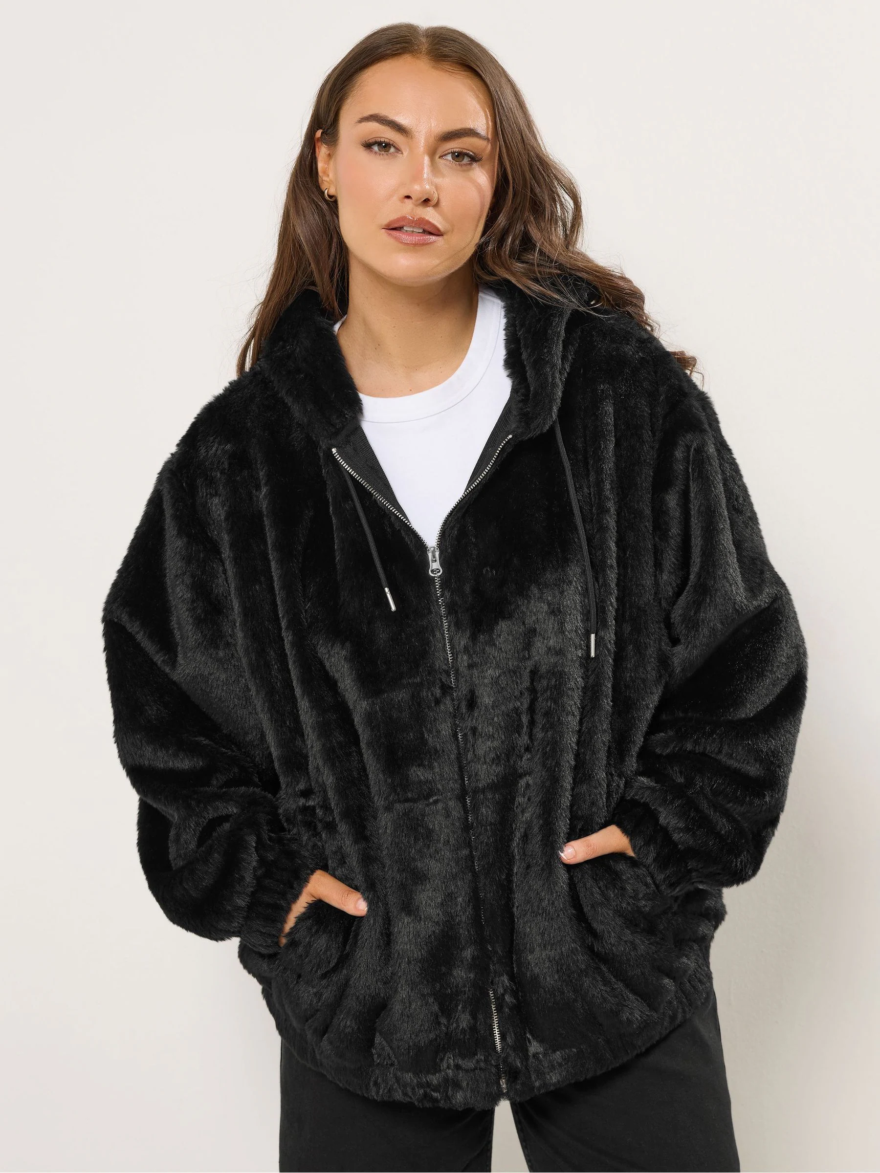 Zwart - Yours Curve Faux Fur Zip Thru Hooded Fleece