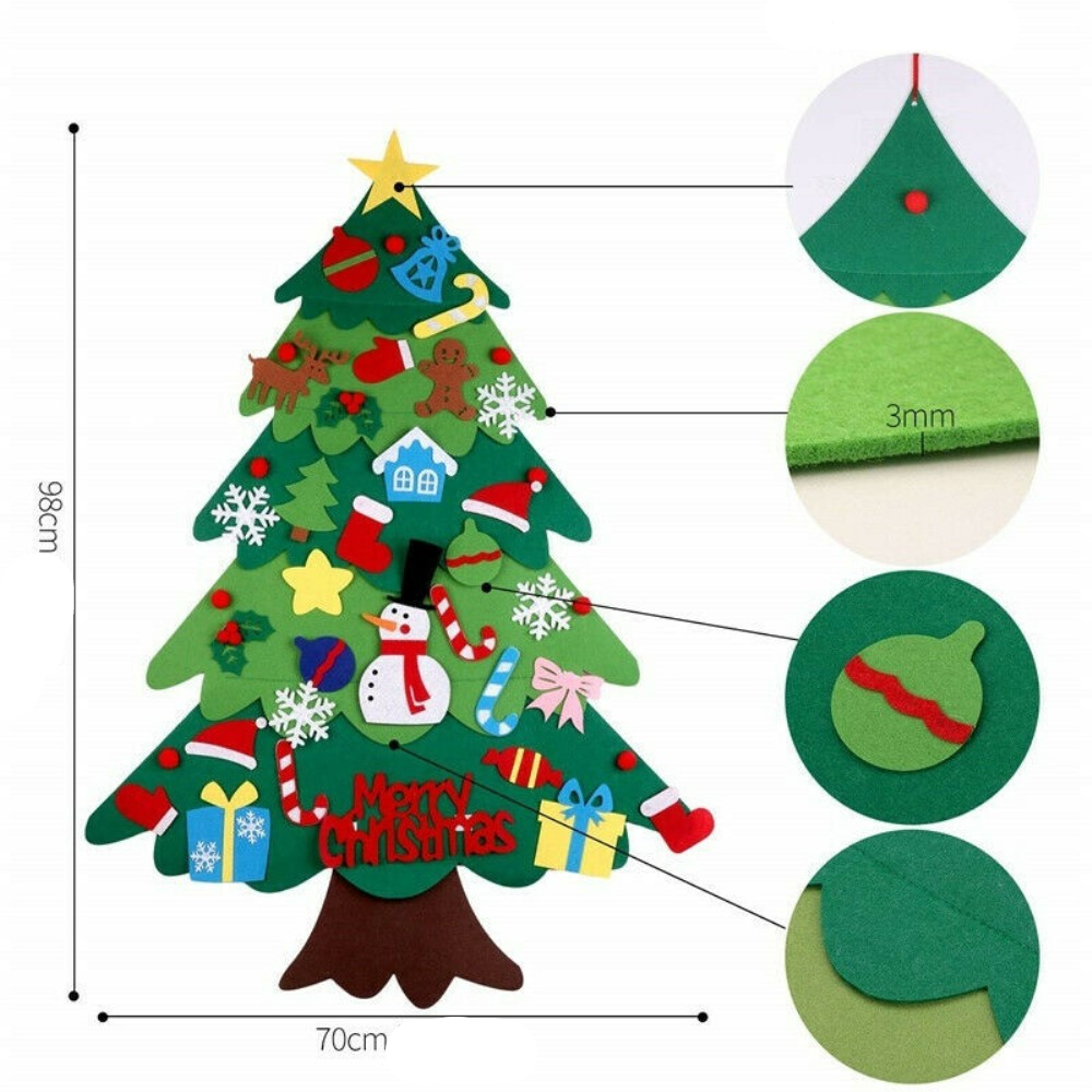 (34-tlg. Set) 98x70cm Kinder Spielzeug Christmas Tannenbaum Wand Deko Filz Weihnachtsbaum   Klett Figuren   LED Lichterkette
