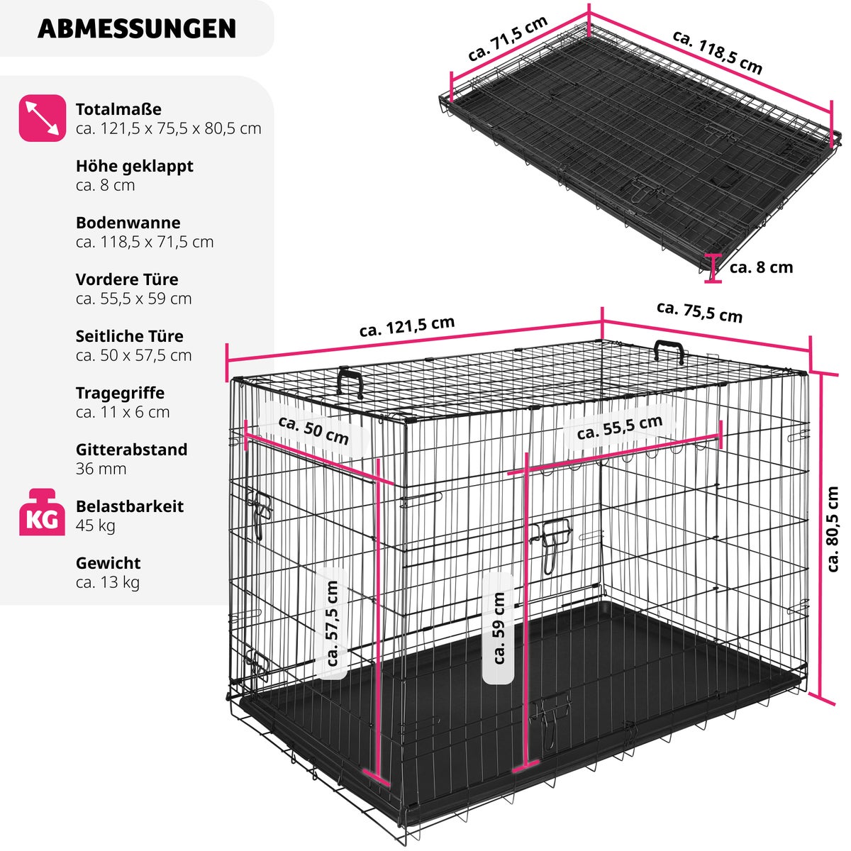 tectake Luna opvouwbare hondenbench/krat met 2 draaggrepen en afgeronde hoeken