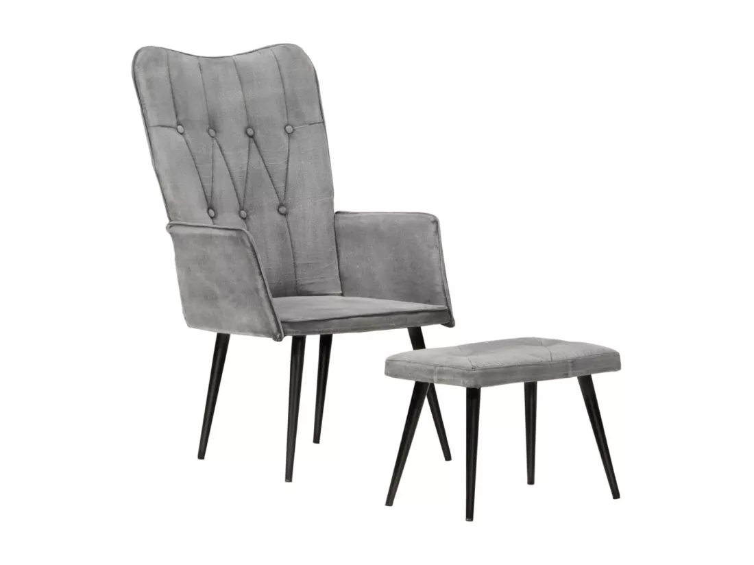 Chaise à oreilles avec repose-pied Gris vintage Toile