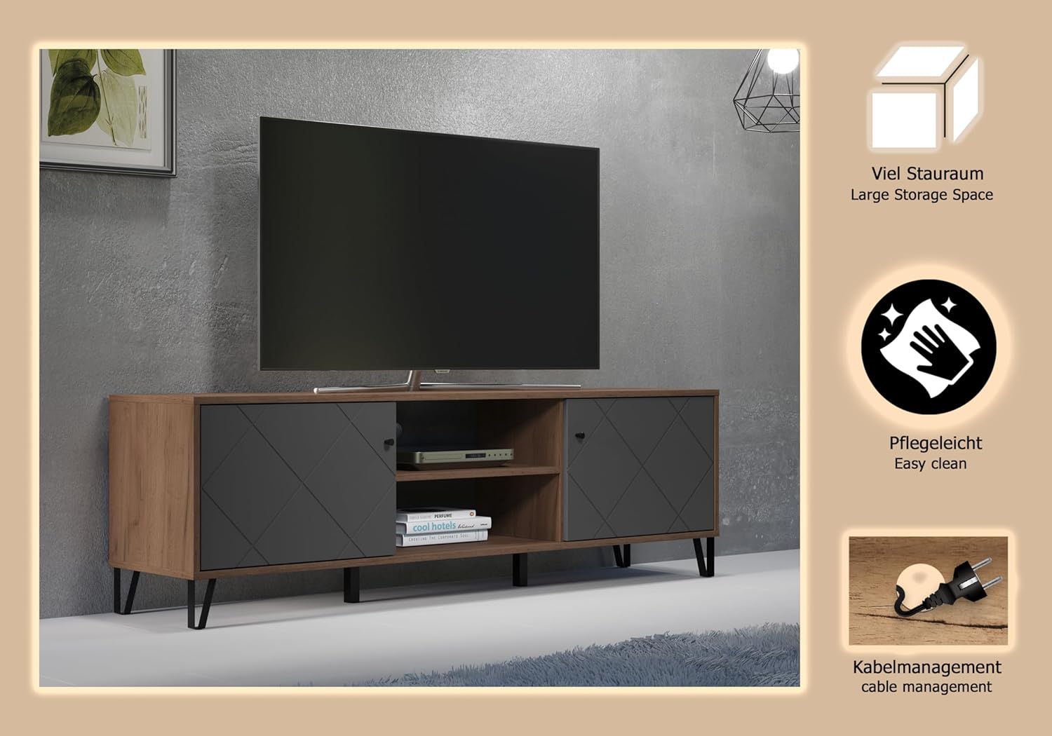 trendteam smart living - Montez - TV-Schrank - Grau/Eiche - TV-Unterschrank mit 2 Türen (für TV bis 65'') und 2 offenen Fächern - (BxHxT) 183 x 56 x 40 cm - Türfront mit Rautenoptik, Soft-Close