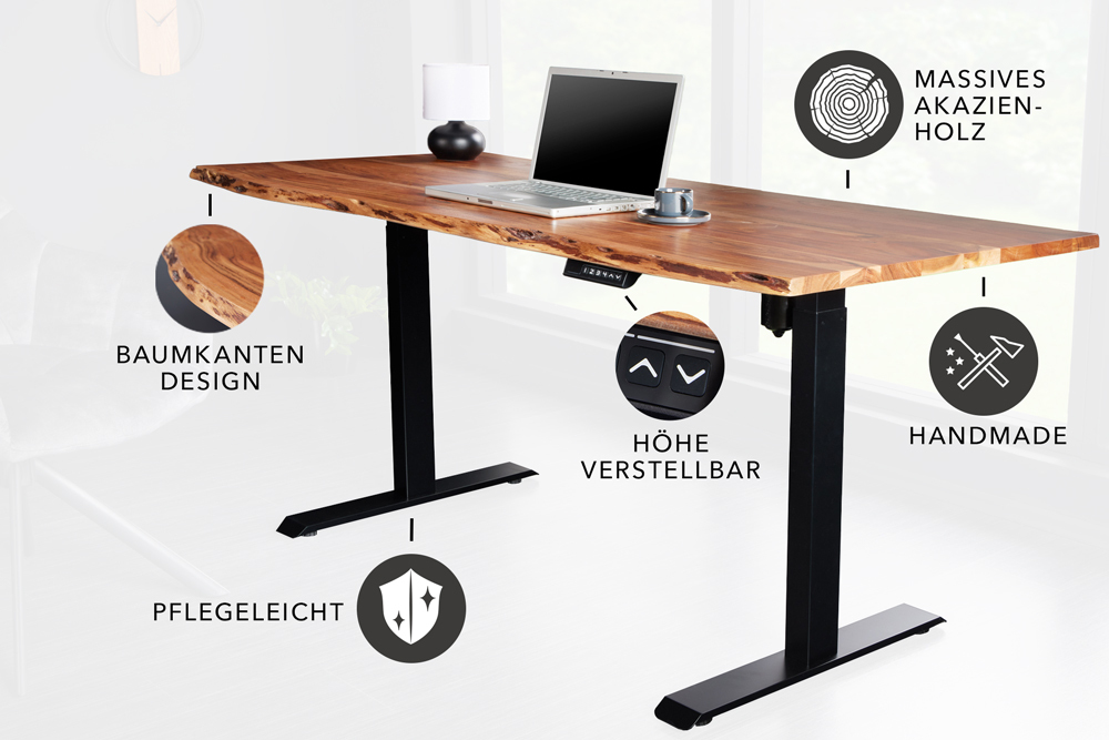 Höhenverstellbarer Schreibtisch MAMMUT 160cm natur Akazie Massivholz Baumkante