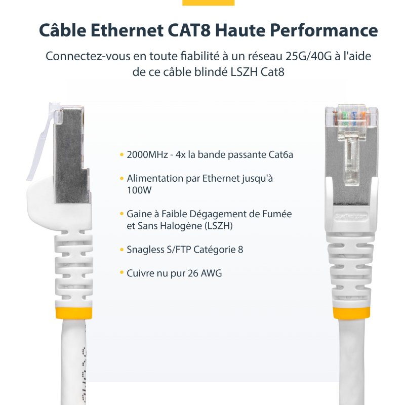 StarTech.com Câble Ethernet CAT8 Blanc de 10m, RJ45 Snagless, 25G/40G, 2000MHz, 100W PoE++, S/FTP, Fil de Cuivre Pur 26AWG, LSZH, Cordon de Raccordement Réseau Blindé avec Serre-Câble, Testé par Fluke Channel