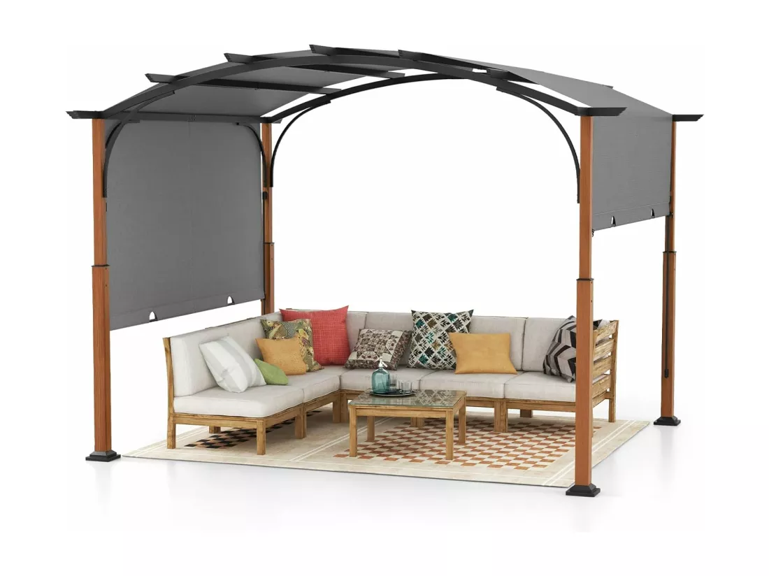 Pergola Rétractable d'Extérieur 300 x 360 CM, Pergola Métallique à Arcs pour Patio avec Auvent Rétractable Poteaux Aspect Bois, Tonnelle Treillis pour Jardin Patio Porche Cou (Gris)