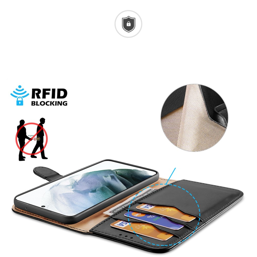 Samsung Galaxy S21 FE 5G Flip Wallet Cover Echtleder Tasche (RFID Schutz) - Schwarz