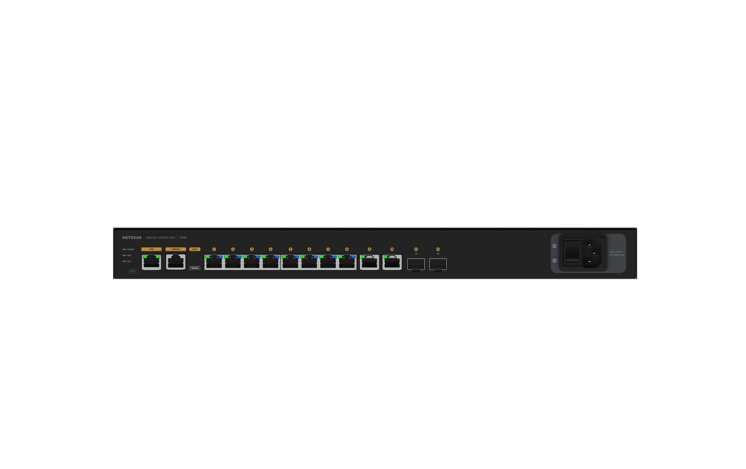 PoE+ Switch AV Line M4250-10G2XF-PoE+ 12 Port<br>NETGEAR AV Line M4250-10G2XF-PoE+ 8x1G PoE+ 240W 2x1G and 2xSFP+ Managed Switch (GSM4212PX)