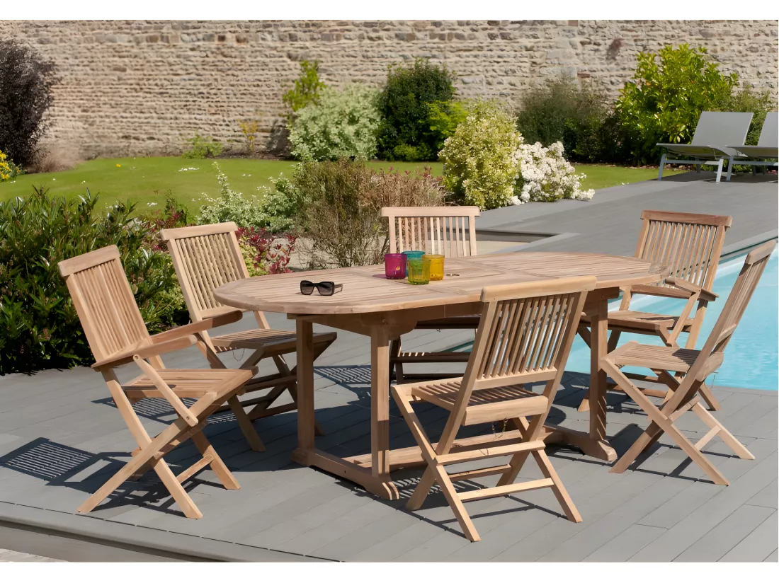 HARRIS - Table de jardin 6/8 personnes - ovale extensible - 150/200*90 cm en bois Teck brut