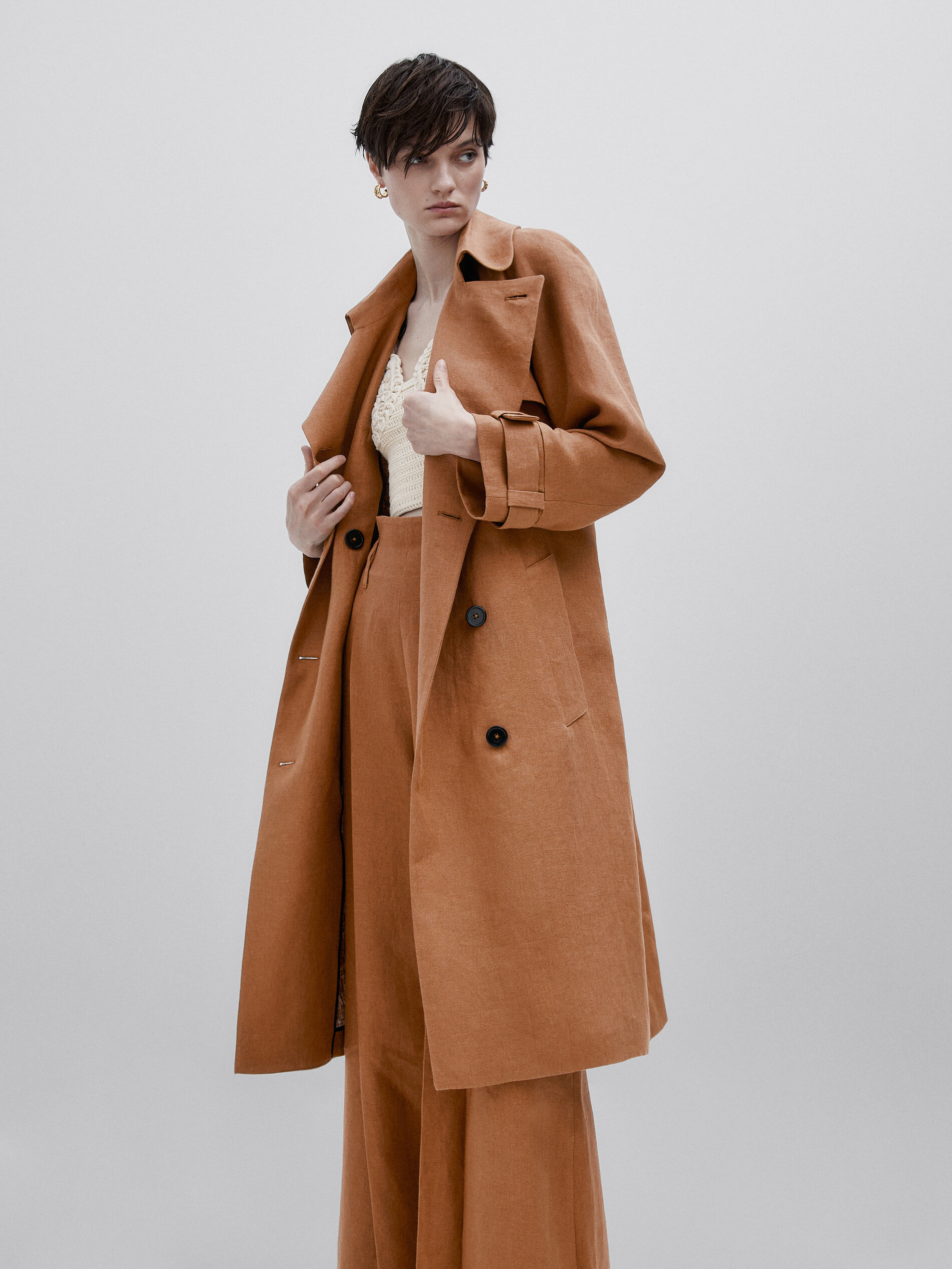 Gabardine de linho com cinto - Studio - CAMEL