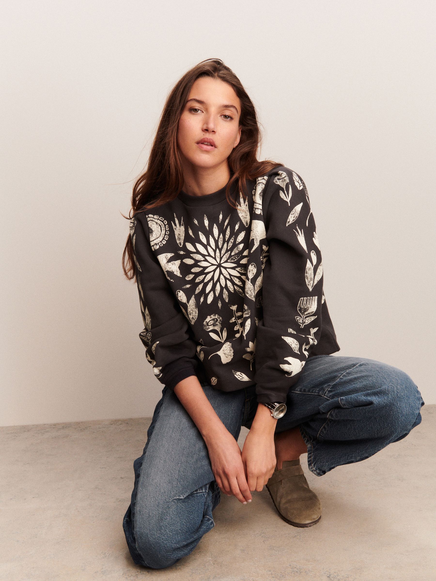 Zwart en wit - Graphic All Over Print Symmetrical Crew Neck Sweatshirt