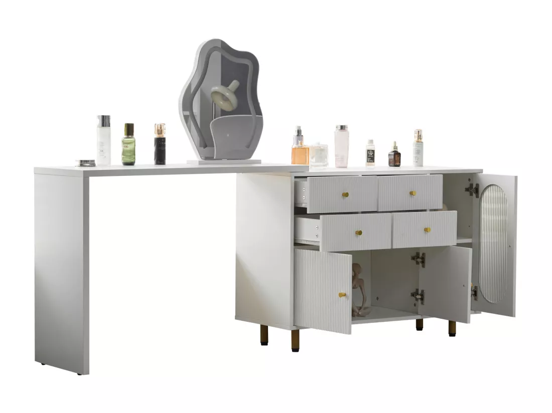 Coiffeuse pivotante escamotable avec miroir à LED - 4 tiroirs et 3 compartiments - Blanc (tabouret non inclus)