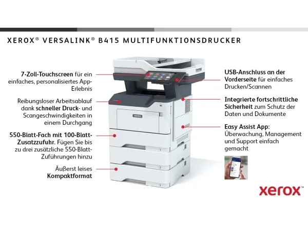 Xerox VersaLink B415V_DN - Multifunktionsprinter - S/H - laser - Legal (216 x 356 mm) (original) - Legal (medie) - op til 50 spm (kopiering) - op til 50 spm (udskriver) - 650 ark - 33.6 Kbps - Gigabit LAN, USB 2.0, USB vært, NFC - Green World Allianc