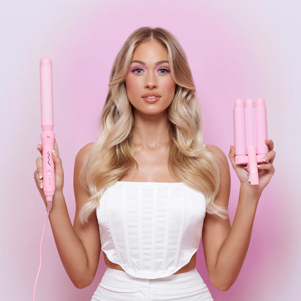 3in1 Style Wand Wechselbares Keramik Welleneisen Lockenstab mit 3 Aufsätzen - Pink