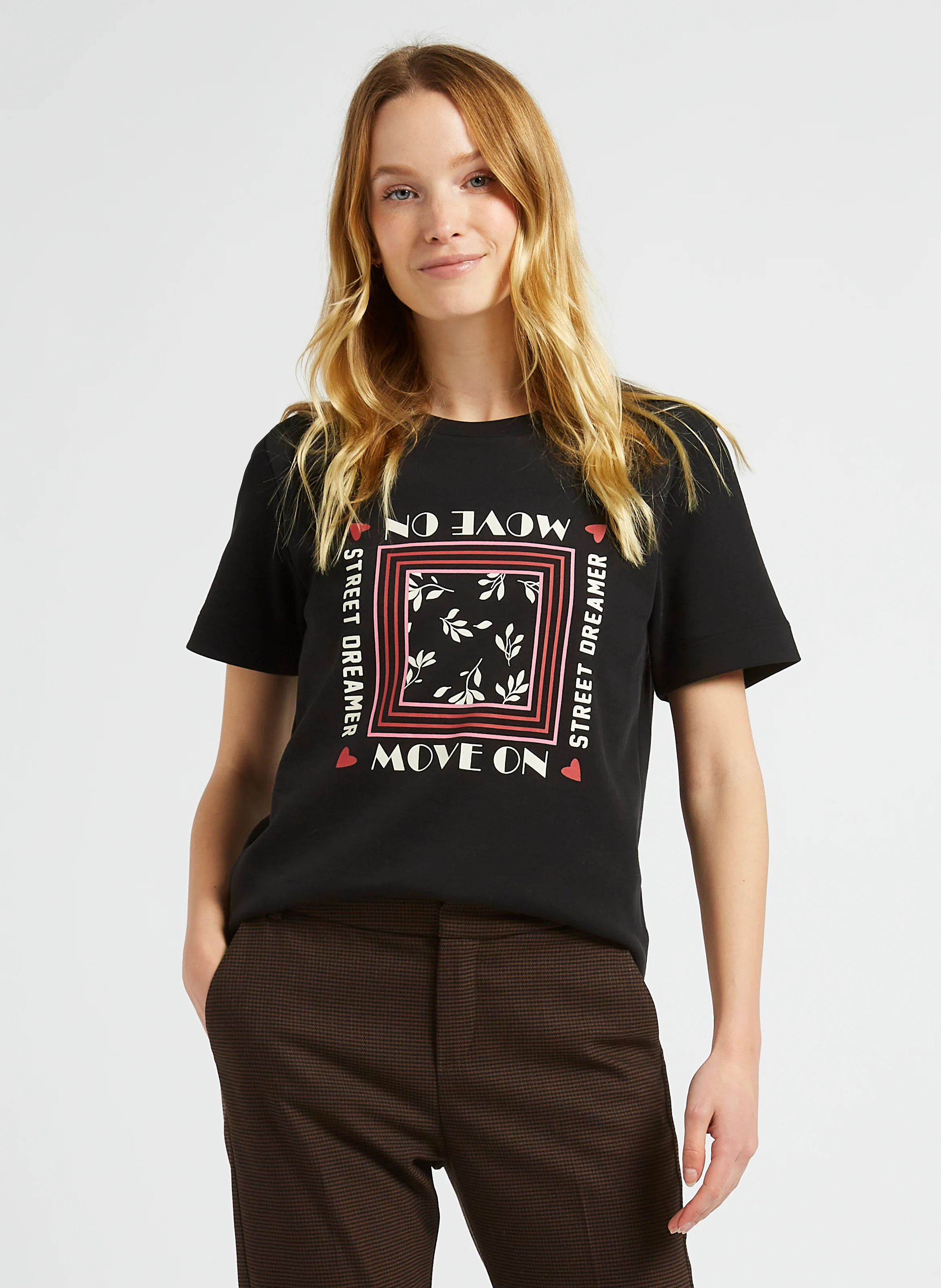 Tee-shirt droit col rond sérigraphié en coton | Noir