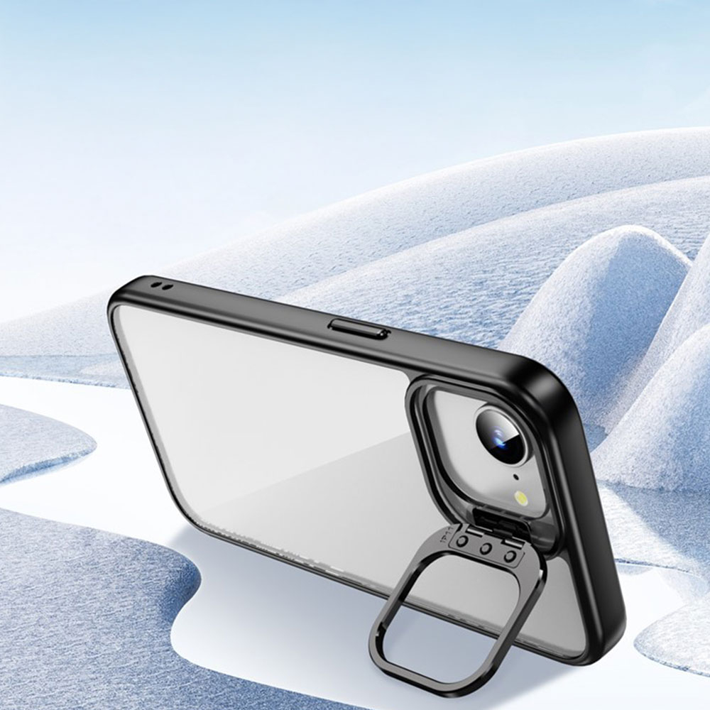 iPhone 16e Hybrid Hardcase Hülle TPU Bumper   Kunststoff Rückseite mit Kamera Kickstand - Schwarz / Transparent