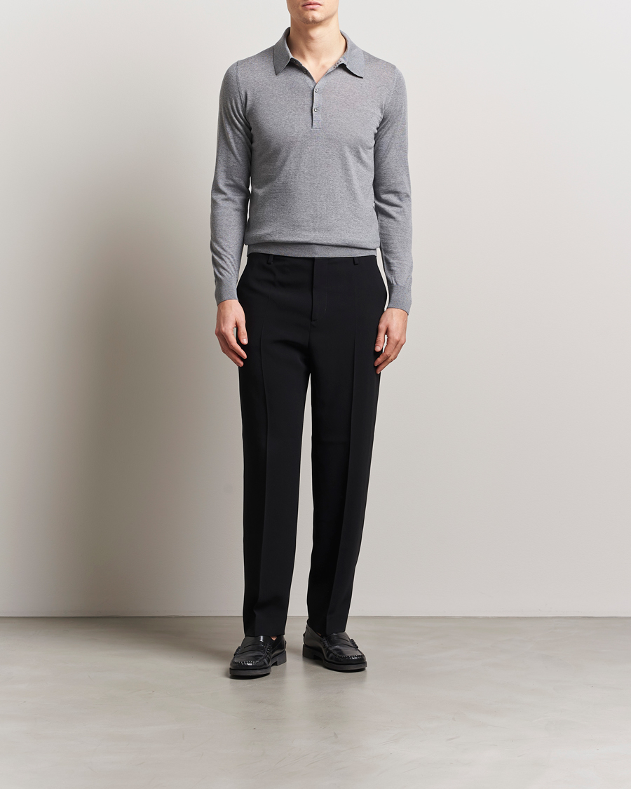 Piacenza Cashmere Merino Wool Long Sleeve Polo Light Grey