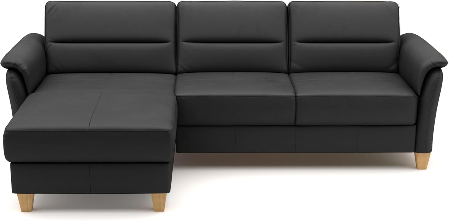 CAVADORE Leder-Eckcouch Palera mit Longchair / Landhaus-Sofa mit Federkern, Bettfunktion + Bettkasten / 244 x 89 x 163 / Leder Schwarz