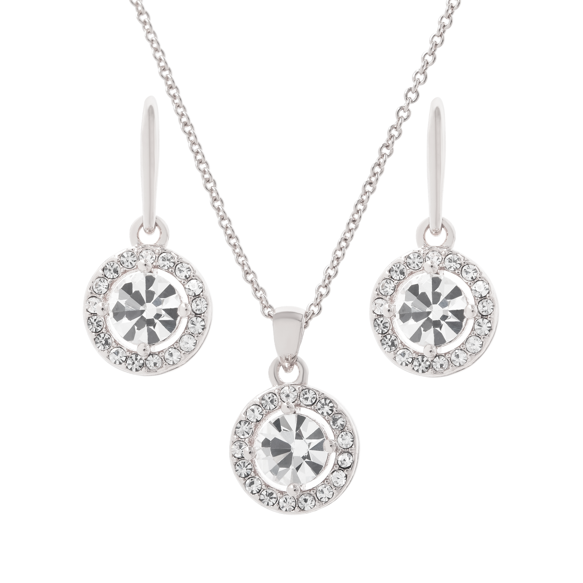 (3-tlg. Set) Damen Halskette / Ohrhänger mit Kristall Strass Stein Anhänger - Silber