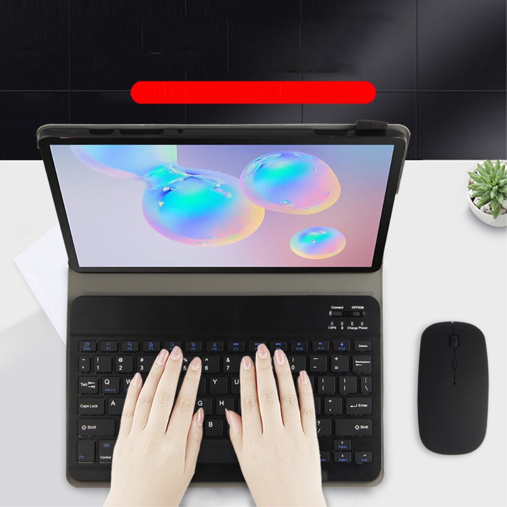 Samsung Galaxy Tab S6 Leder Tasche mit Bluetooth Tastatur (QWERTY)   Touch Pen Halterung Litchi Look - Schwarz