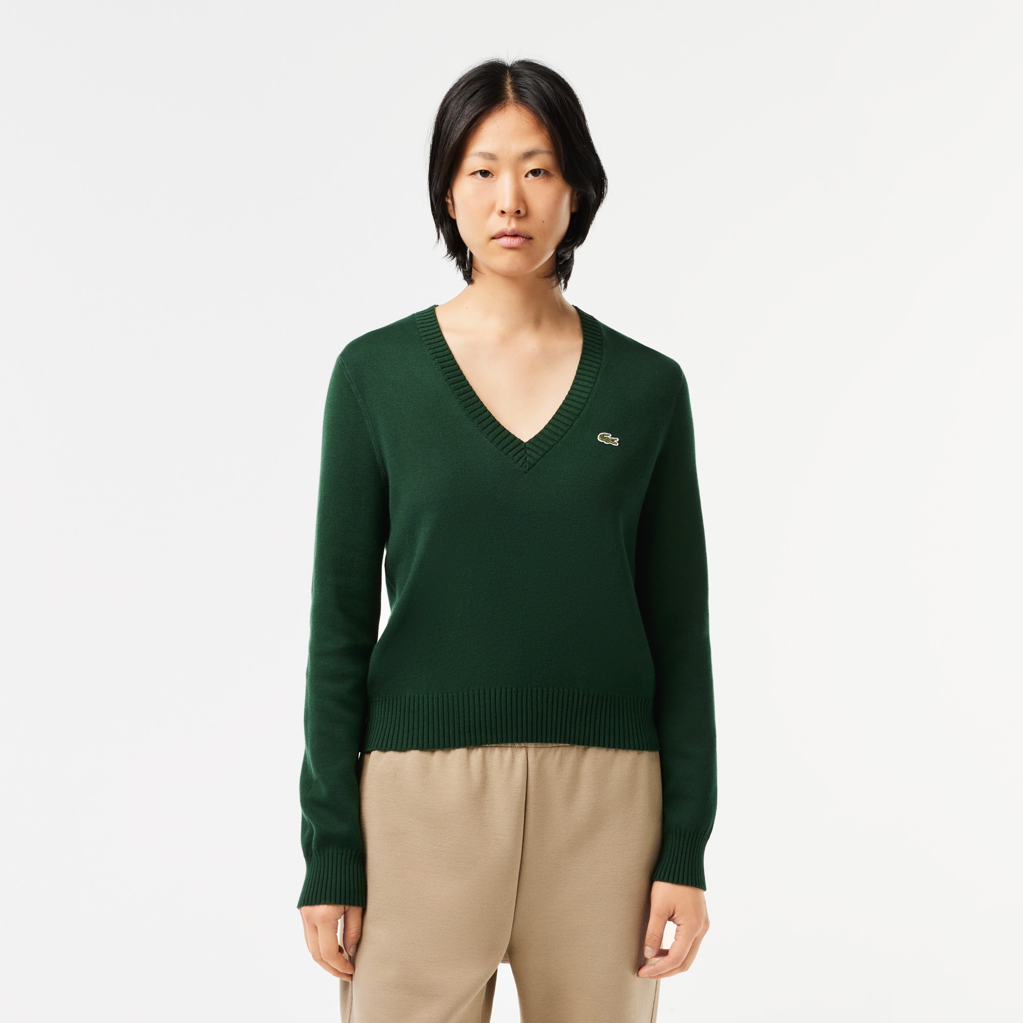 Pull col V en double face de coton Pullovers - Vert - Lacoste - Femme