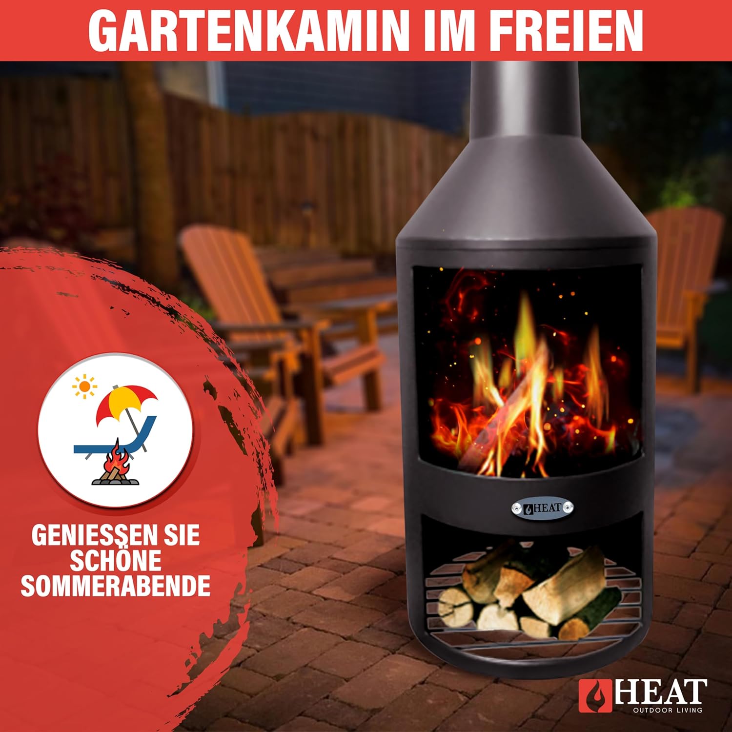Larvik - Terrassenofen - Feuertonne & Feuerstelle für entspannte Abende - Feuersäule Outdoor - Terrassenkamin und Gartenkamin - Gartenofen aus Stahl - Holzofen - 45x45x130cm